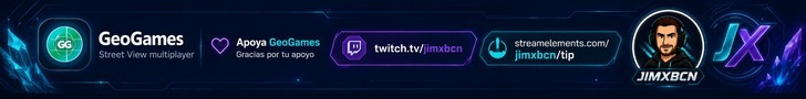 GeoGames support banner with JimXBCN. Subscribe on Twitch, cheer with Bits or tip a coffee.
